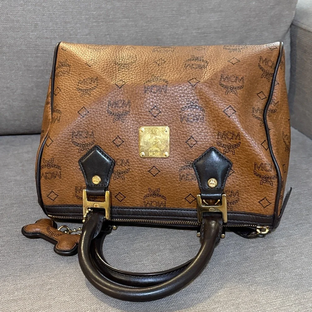 MCM Visetos Brown Boston Bag with Dog Bone Charm